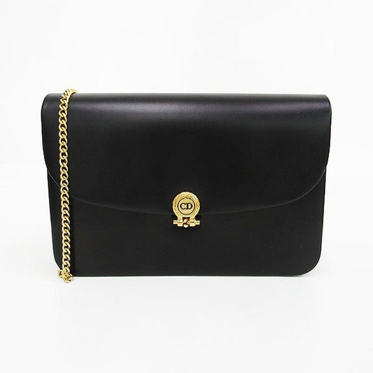 Christian Dior Shoulder Bag Purse CD Chain Leather Black Authentic
