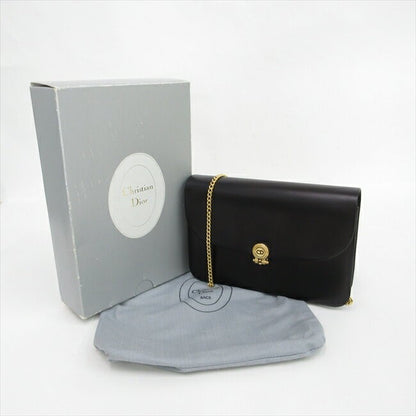 Christian Dior Shoulder Bag Purse CD Chain Leather Black Authentic