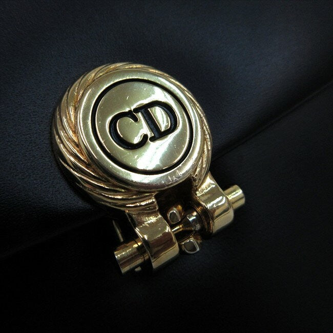 Christian Dior Shoulder Bag Purse CD Chain Leather Black Authentic
