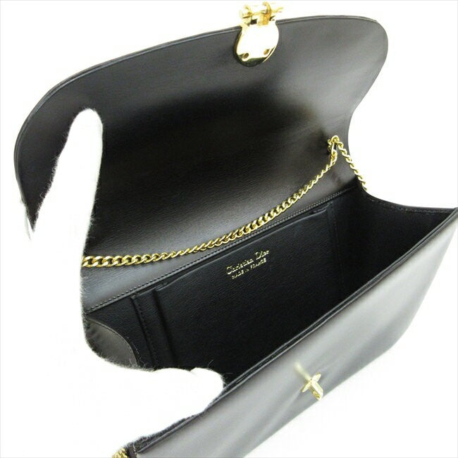 Christian Dior Shoulder Bag Purse CD Chain Leather Black Authentic