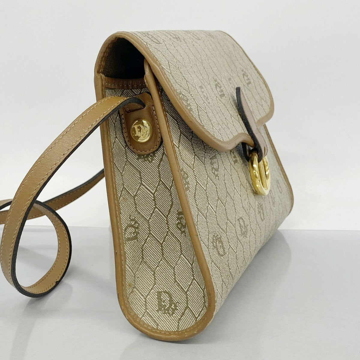 Christian Dior Shoulder Bag Purse Honeycomb PVC Beige Brown Authentic