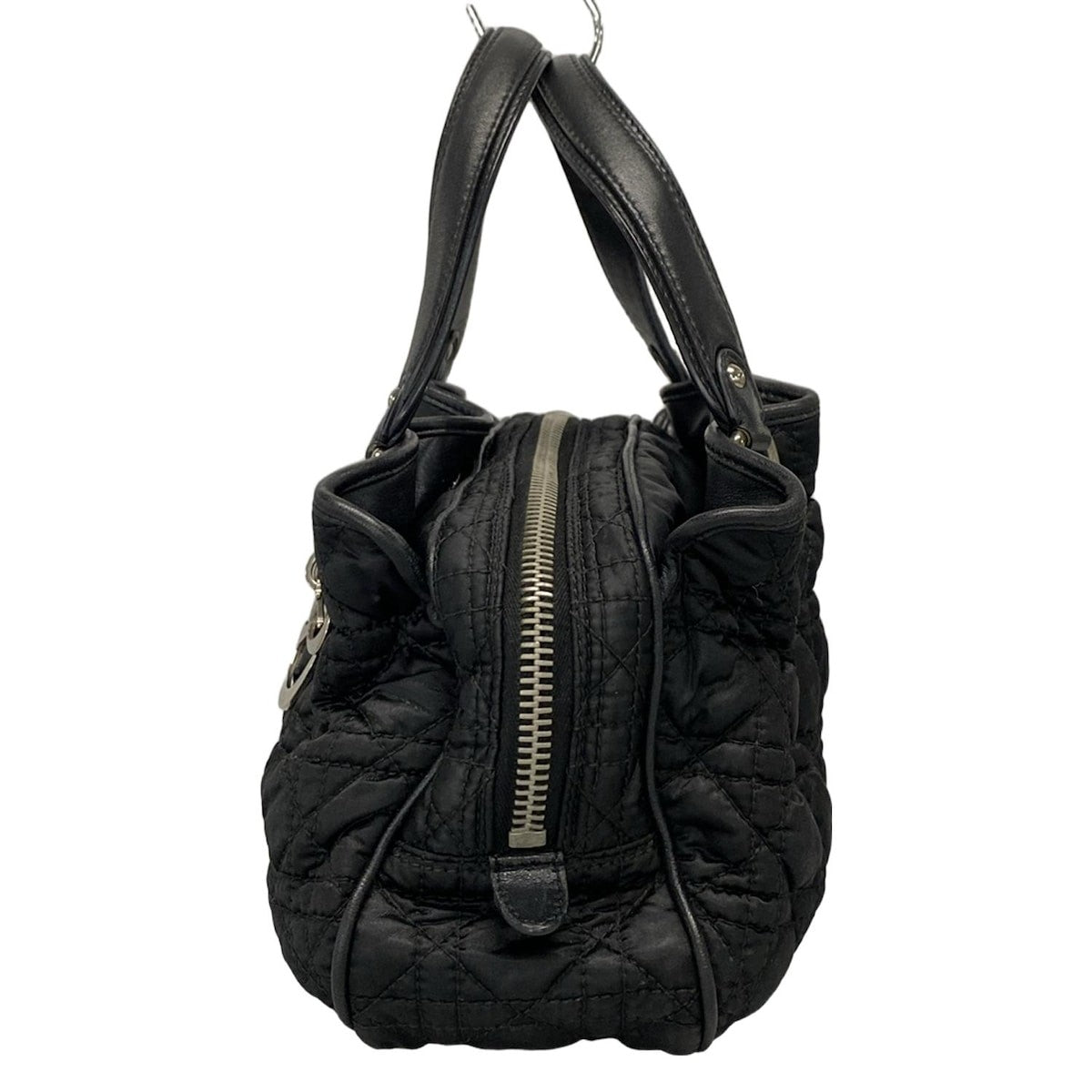 Christian Dior Hand Bag Tote Purse Cannage Nylon Leather Black Authentic