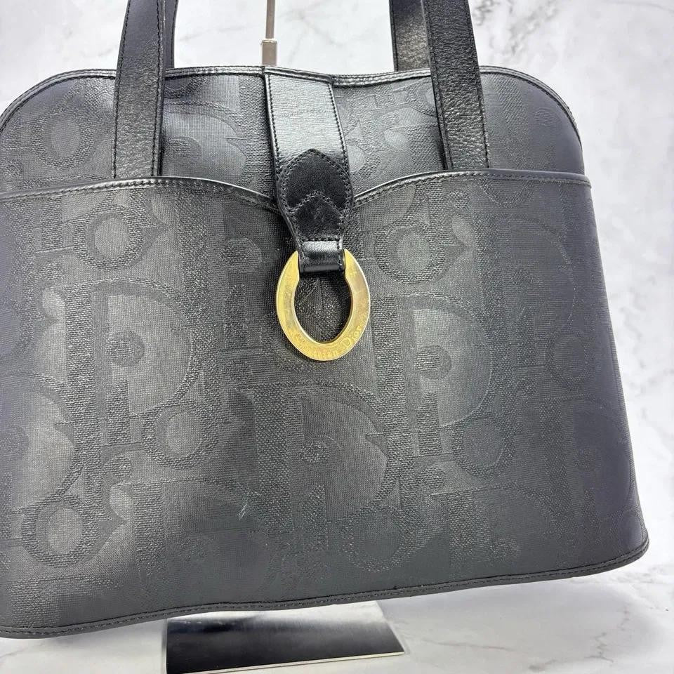 Christian Dior Hand Bag Tote Purse Trotter PVC Leather Black Authentic
