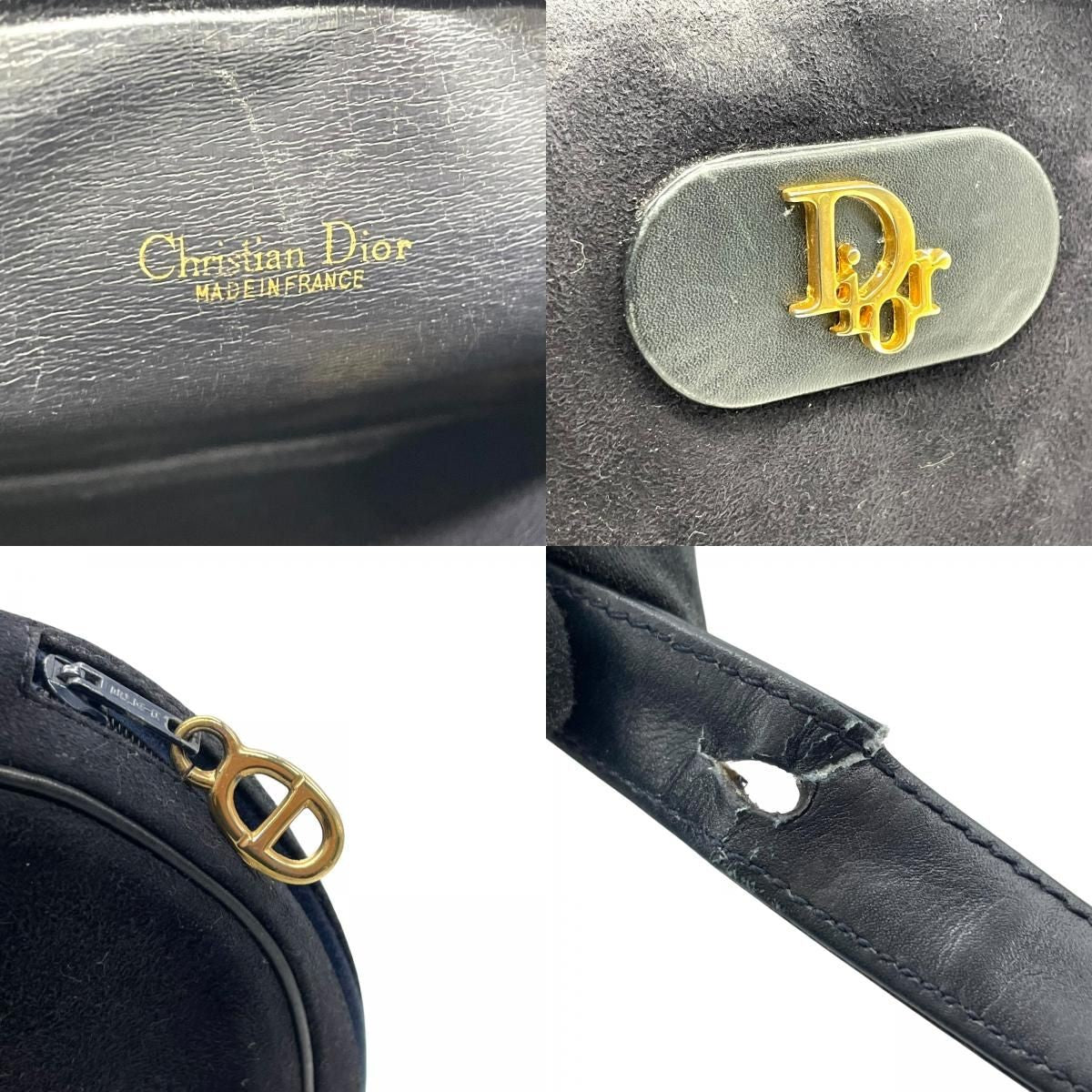 Christian Dior Shoulder Bag Purse Logo Suede Leather Navy Authentic