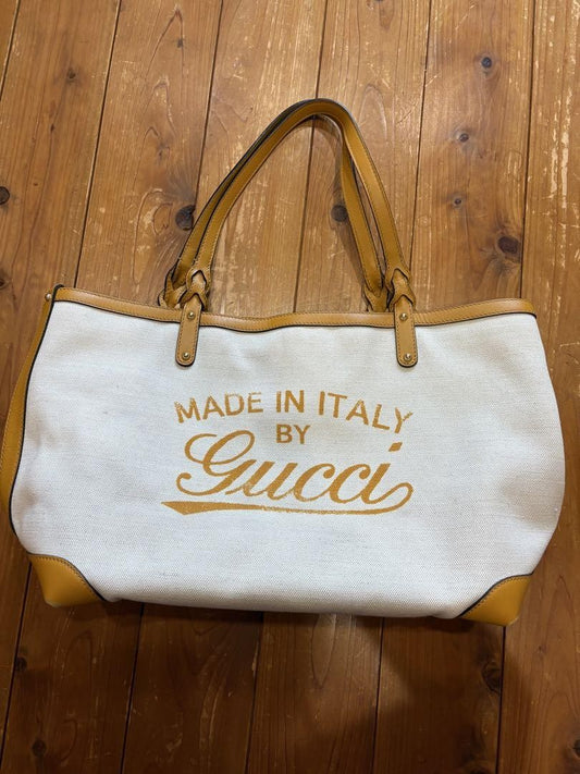 GUCCI Hand Bag Tote Purse Logo Canvas Leather White Yellow Authentic