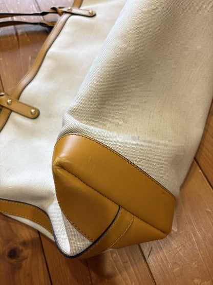 GUCCI Hand Bag Tote Purse Logo Canvas Leather White Yellow Authentic