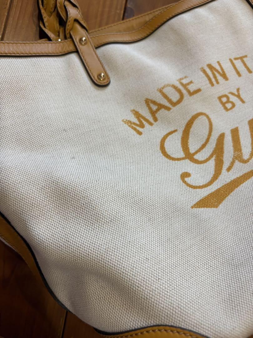 GUCCI Hand Bag Tote Purse Logo Canvas Leather White Yellow Authentic