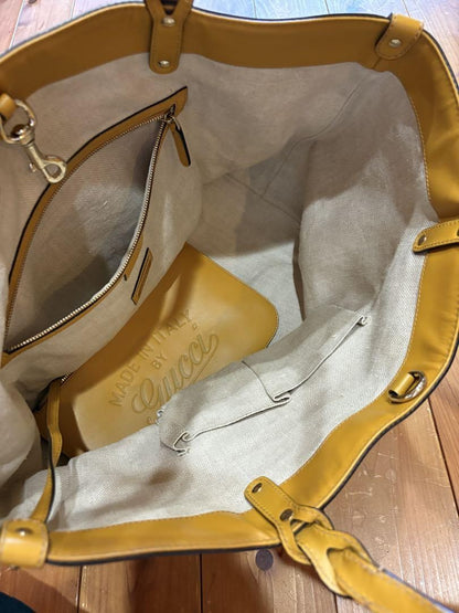 GUCCI Hand Bag Tote Purse Logo Canvas Leather White Yellow Authentic