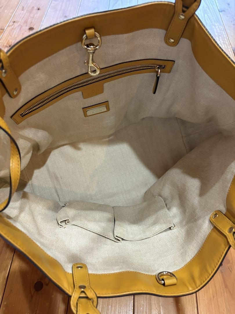 GUCCI Hand Bag Tote Purse Logo Canvas Leather White Yellow Authentic