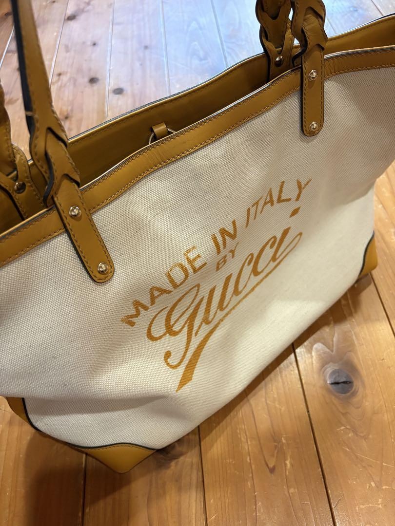 GUCCI Hand Bag Tote Purse Logo Canvas Leather White Yellow Authentic
