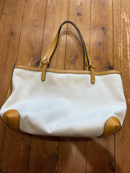 GUCCI Hand Bag Tote Purse Logo Canvas Leather White Yellow Authentic