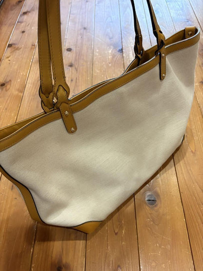 GUCCI Hand Bag Tote Purse Logo Canvas Leather White Yellow Authentic