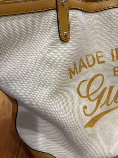 GUCCI Hand Bag Tote Purse Logo Canvas Leather White Yellow Authentic