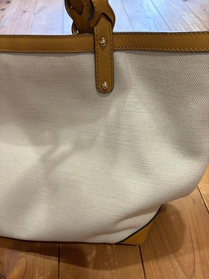 GUCCI Hand Bag Tote Purse Logo Canvas Leather White Yellow Authentic