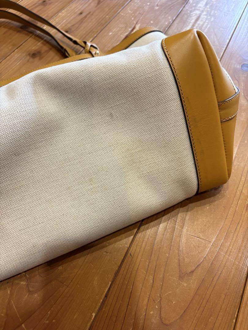 GUCCI Hand Bag Tote Purse Logo Canvas Leather White Yellow Authentic