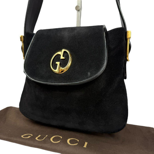 GUCCI Shoulder Bag Purse Double G Logo Suede Black Authentic