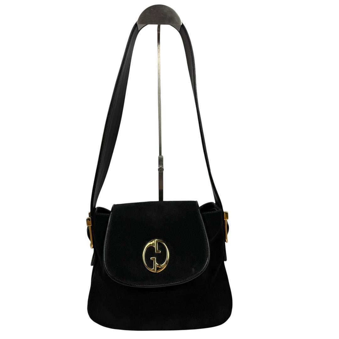 GUCCI Shoulder Bag Purse Double G Logo Suede Black Authentic