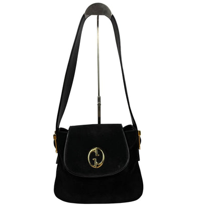 GUCCI Shoulder Bag Purse Double G Logo Suede Black Authentic