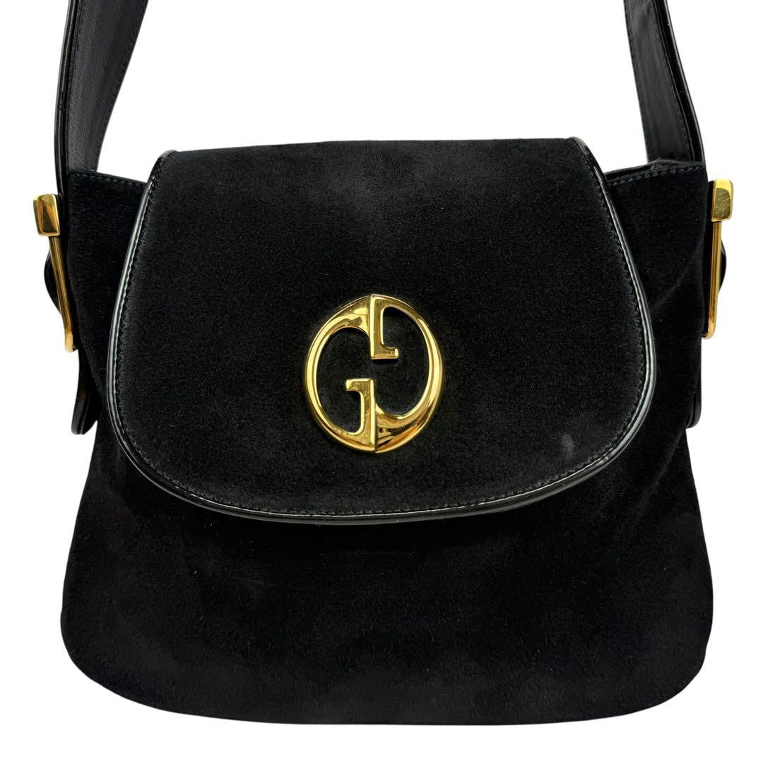GUCCI Shoulder Bag Purse Double G Logo Suede Black Authentic