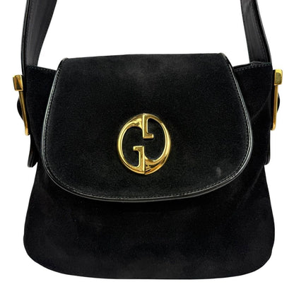 GUCCI Shoulder Bag Purse Double G Logo Suede Black Authentic