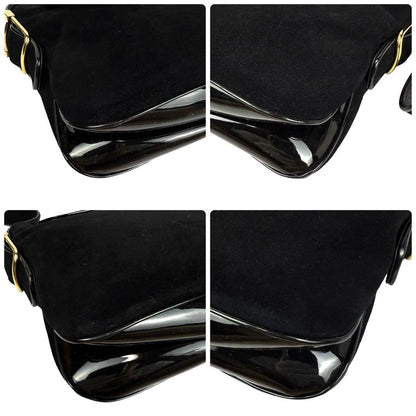 GUCCI Shoulder Bag Purse Double G Logo Suede Black Authentic