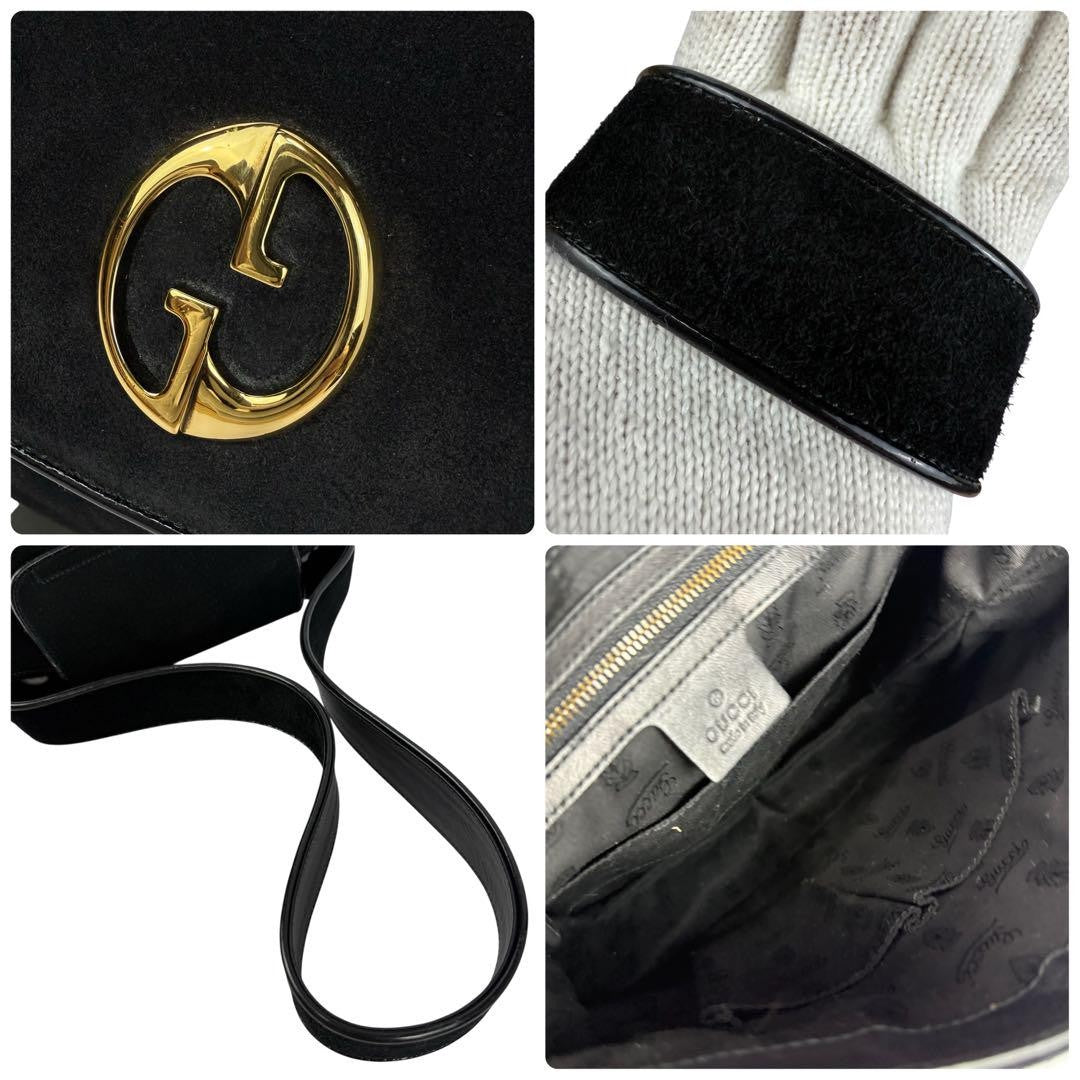GUCCI Shoulder Bag Purse Double G Logo Suede Black Authentic