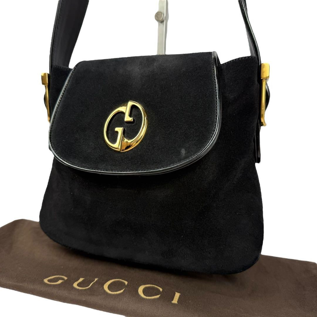 GUCCI Shoulder Bag Purse Double G Logo Suede Black Authentic