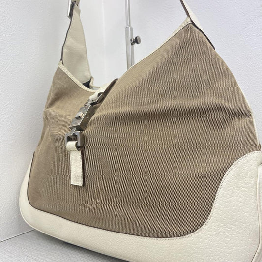 GUCCI Hand Shoulder Bag Tote Purse Canvas Leather Beige White Authentic