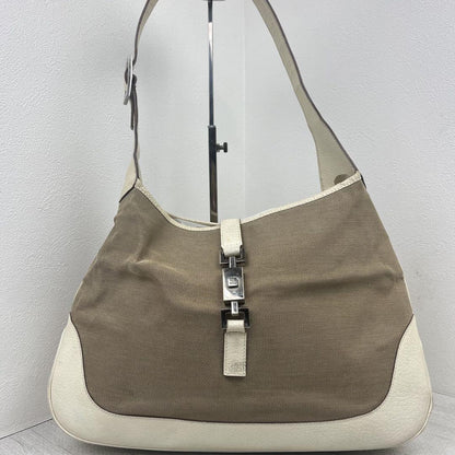 GUCCI Hand Shoulder Bag Tote Purse Canvas Leather Beige White Authentic