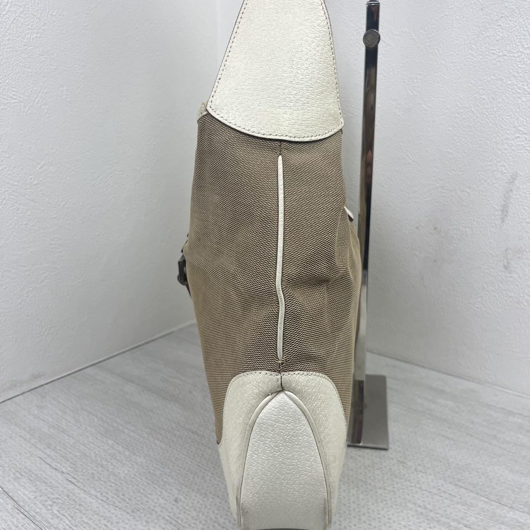 GUCCI Hand Shoulder Bag Tote Purse Canvas Leather Beige White Authentic