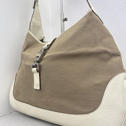 GUCCI Hand Shoulder Bag Tote Purse Canvas Leather Beige White Authentic