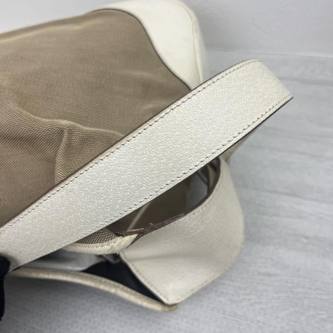 GUCCI Hand Shoulder Bag Tote Purse Canvas Leather Beige White Authentic