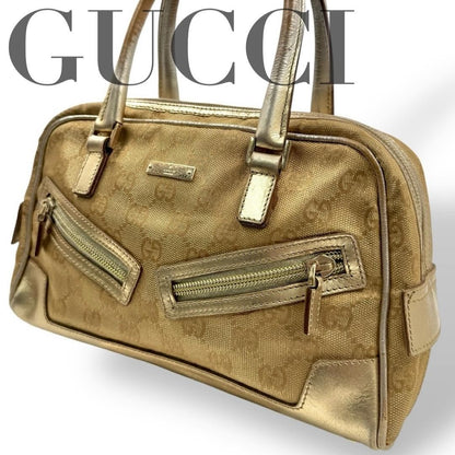 GUCCI Hand Bag Tote Purse Mini Boston GG Canvas Leather Gold Authentic