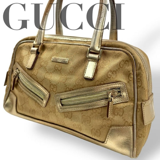 GUCCI Hand Bag Tote Purse Mini Boston GG Canvas Leather Gold Authentic