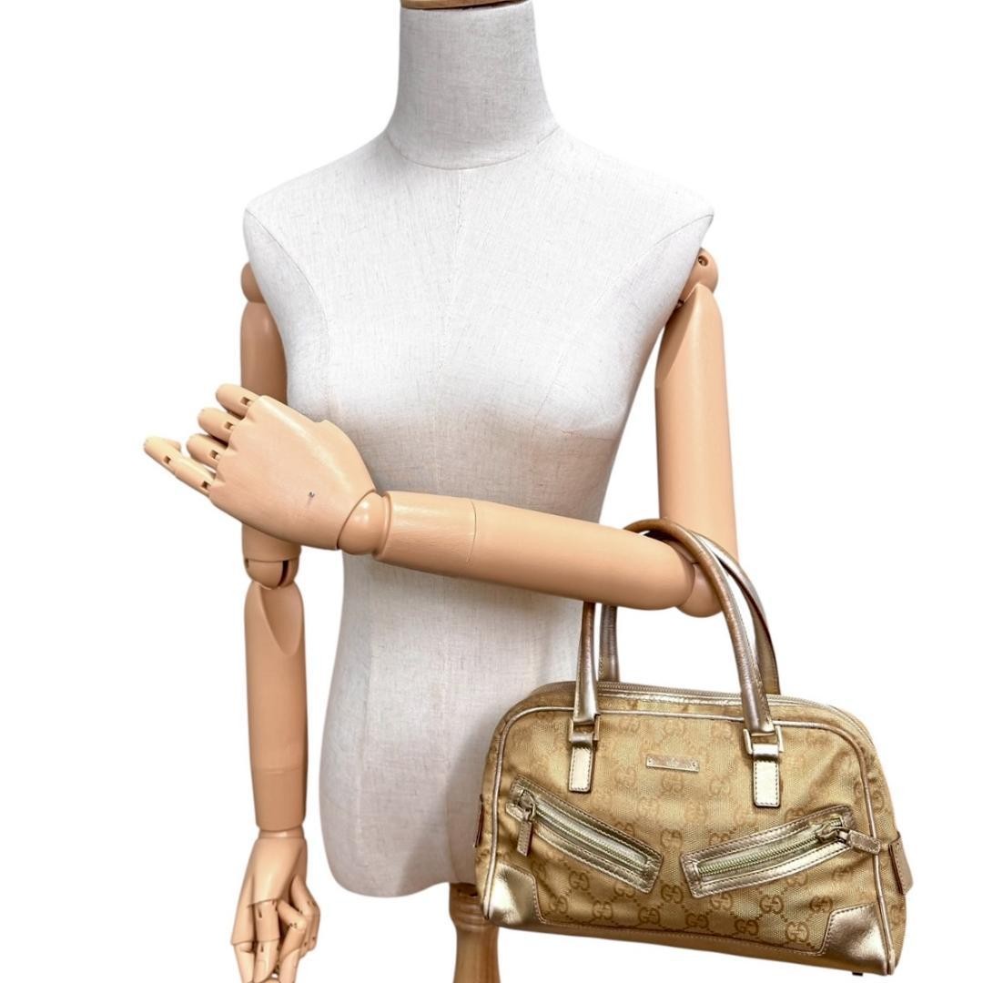 GUCCI Hand Bag Tote Purse Mini Boston GG Canvas Leather Gold Authentic