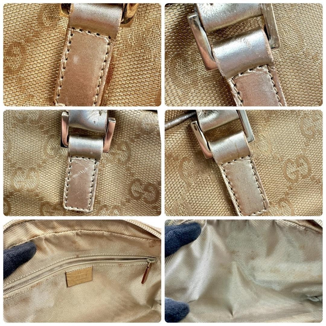 GUCCI Hand Bag Tote Purse Mini Boston GG Canvas Leather Gold Authentic
