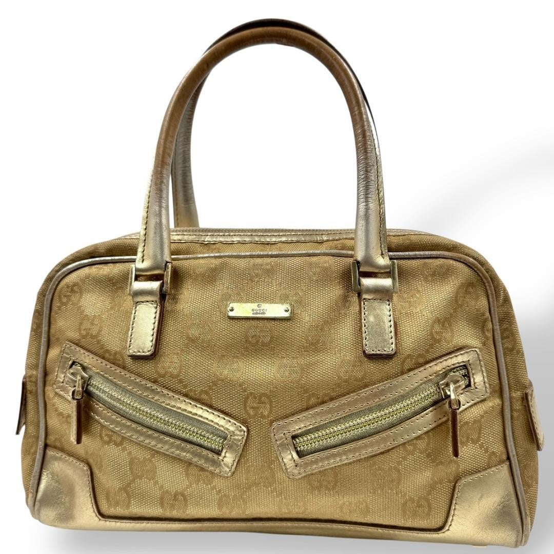 GUCCI Hand Bag Tote Purse Mini Boston GG Canvas Leather Gold Authentic