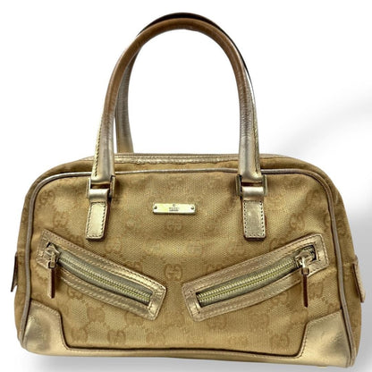 GUCCI Hand Bag Tote Purse Mini Boston GG Canvas Leather Gold Authentic
