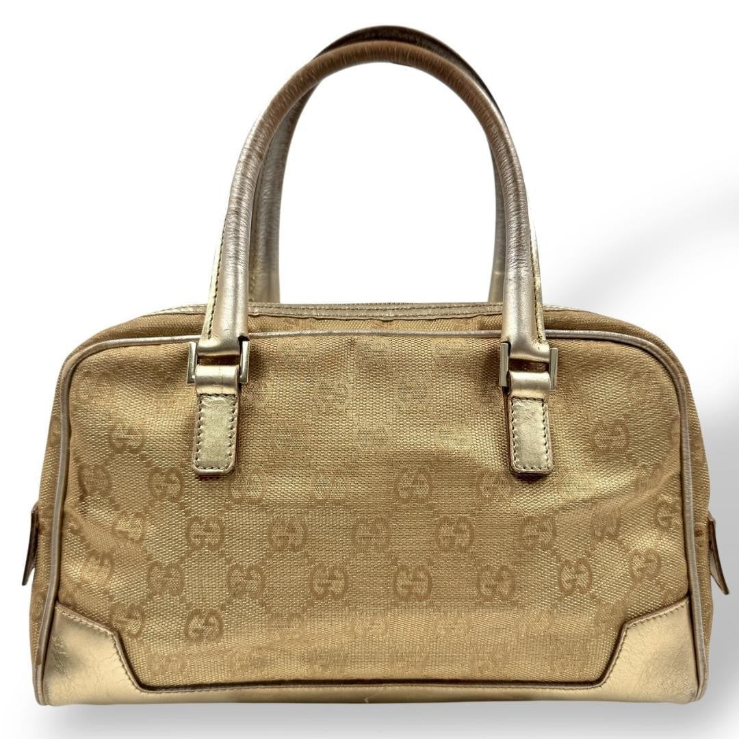 GUCCI Hand Bag Tote Purse Mini Boston GG Canvas Leather Gold Authentic