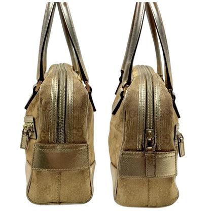 GUCCI Hand Bag Tote Purse Mini Boston GG Canvas Leather Gold Authentic
