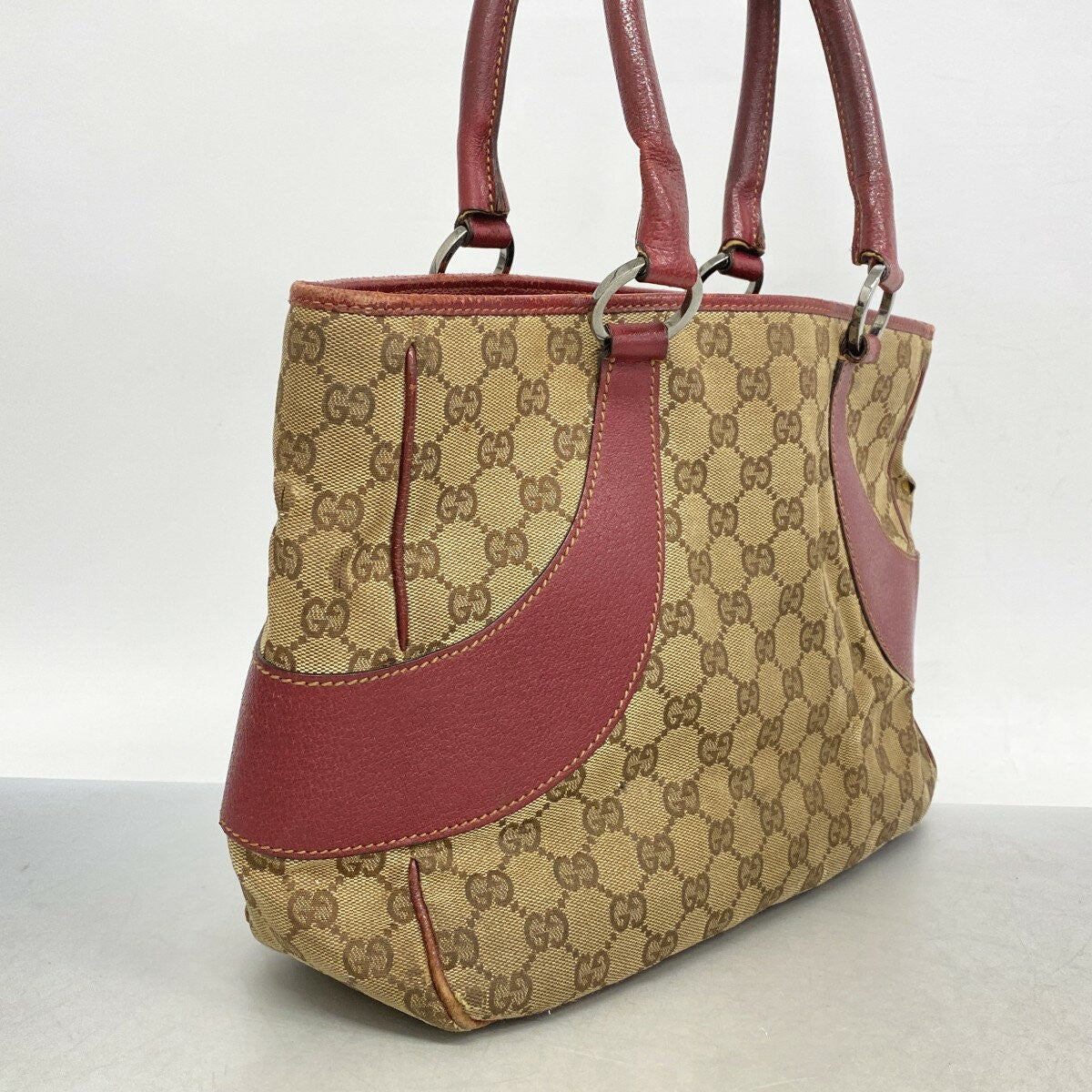 GUCCI Hand Bag Tote Purse GG Canvas Beige Bordeaux Authentic