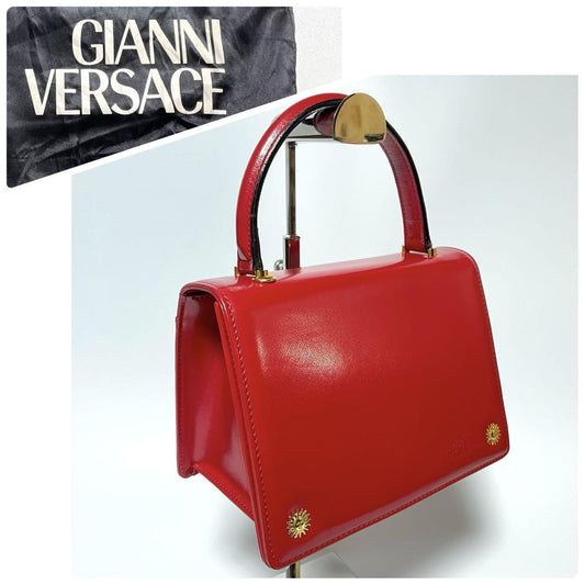 VERSACE Hand Bag Tote Purse Sunburst Leather Red Authentic