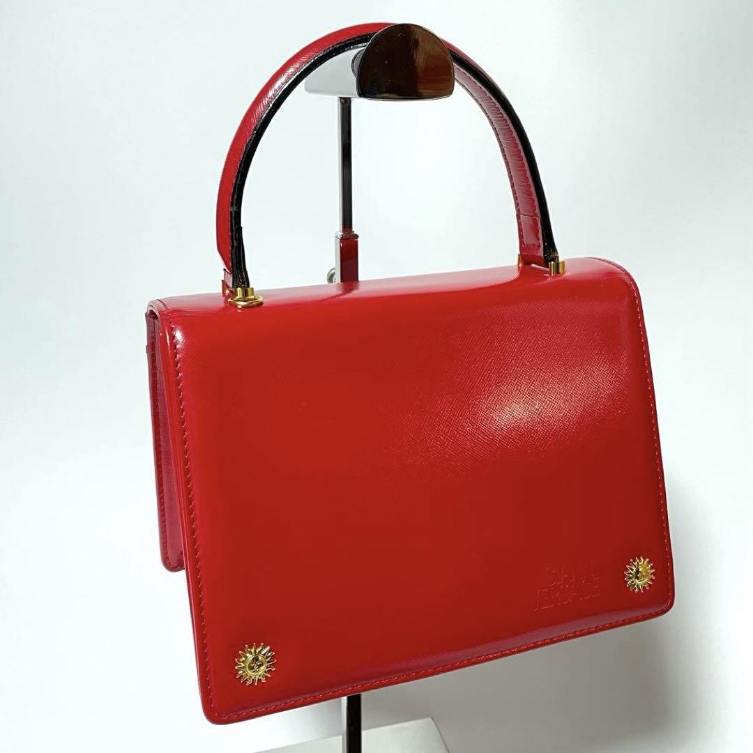 VERSACE Hand Bag Tote Purse Sunburst Leather Red Authentic