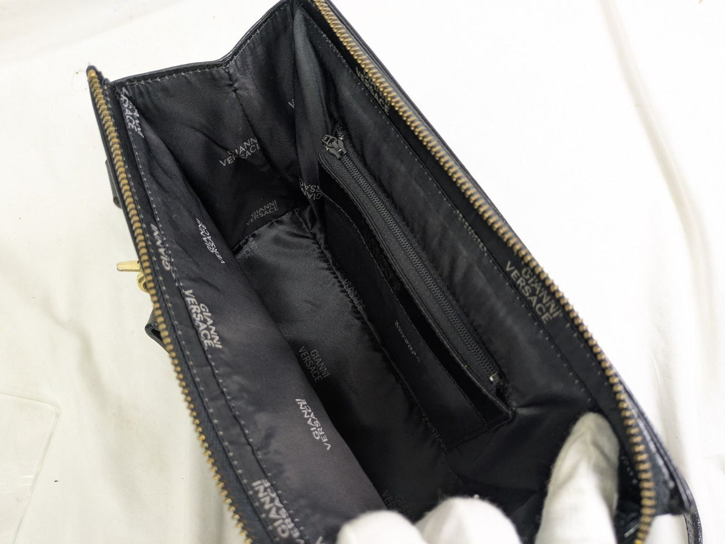 VERSACE Hand Shoulder Bag Tote Purse Sunburst Patent Leather Black Authentic
