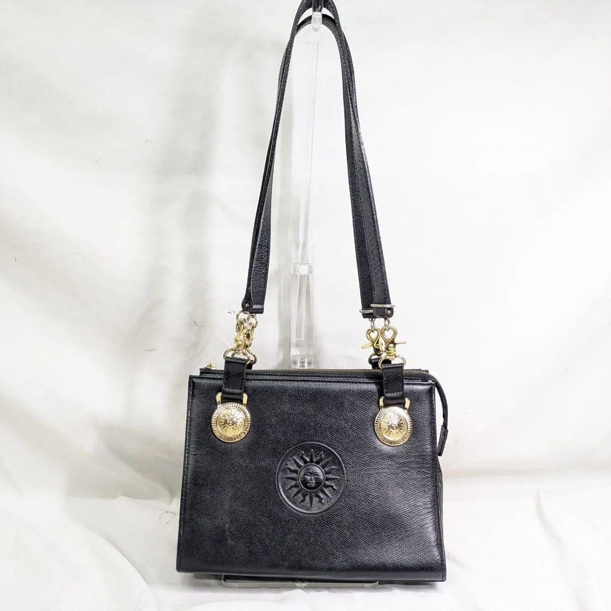 VERSACE Hand Shoulder Bag Tote Purse Sunburst Patent Leather Black Authentic