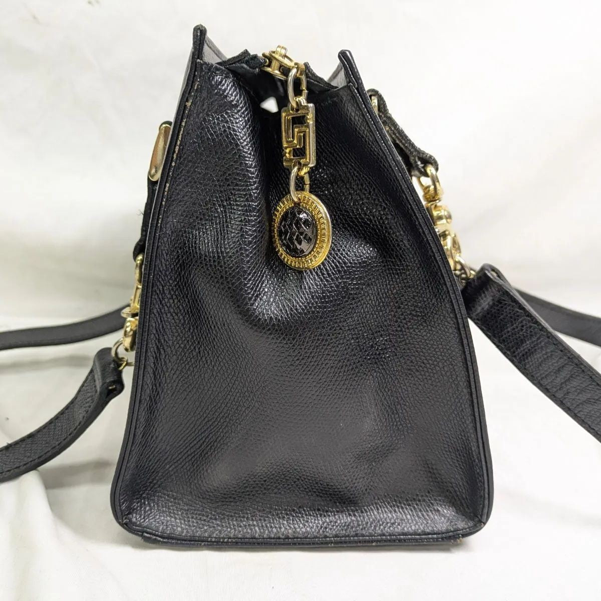 VERSACE Hand Shoulder Bag Tote Purse Sunburst Patent Leather Black Authentic