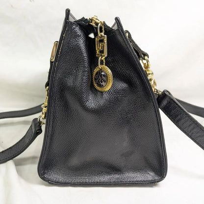 VERSACE Hand Shoulder Bag Tote Purse Sunburst Patent Leather Black Authentic