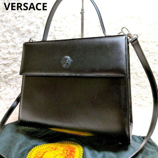 VERSACE Hand Shoulder Bag Tote Purse 2way Medusa Leather Black Authentic