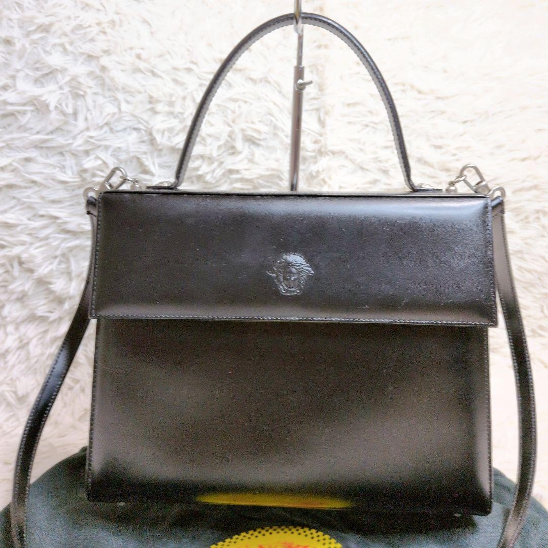 VERSACE Hand Shoulder Bag Tote Purse 2way Medusa Leather Black Authentic