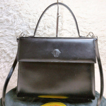 VERSACE Hand Shoulder Bag Tote Purse 2way Medusa Leather Black Authentic